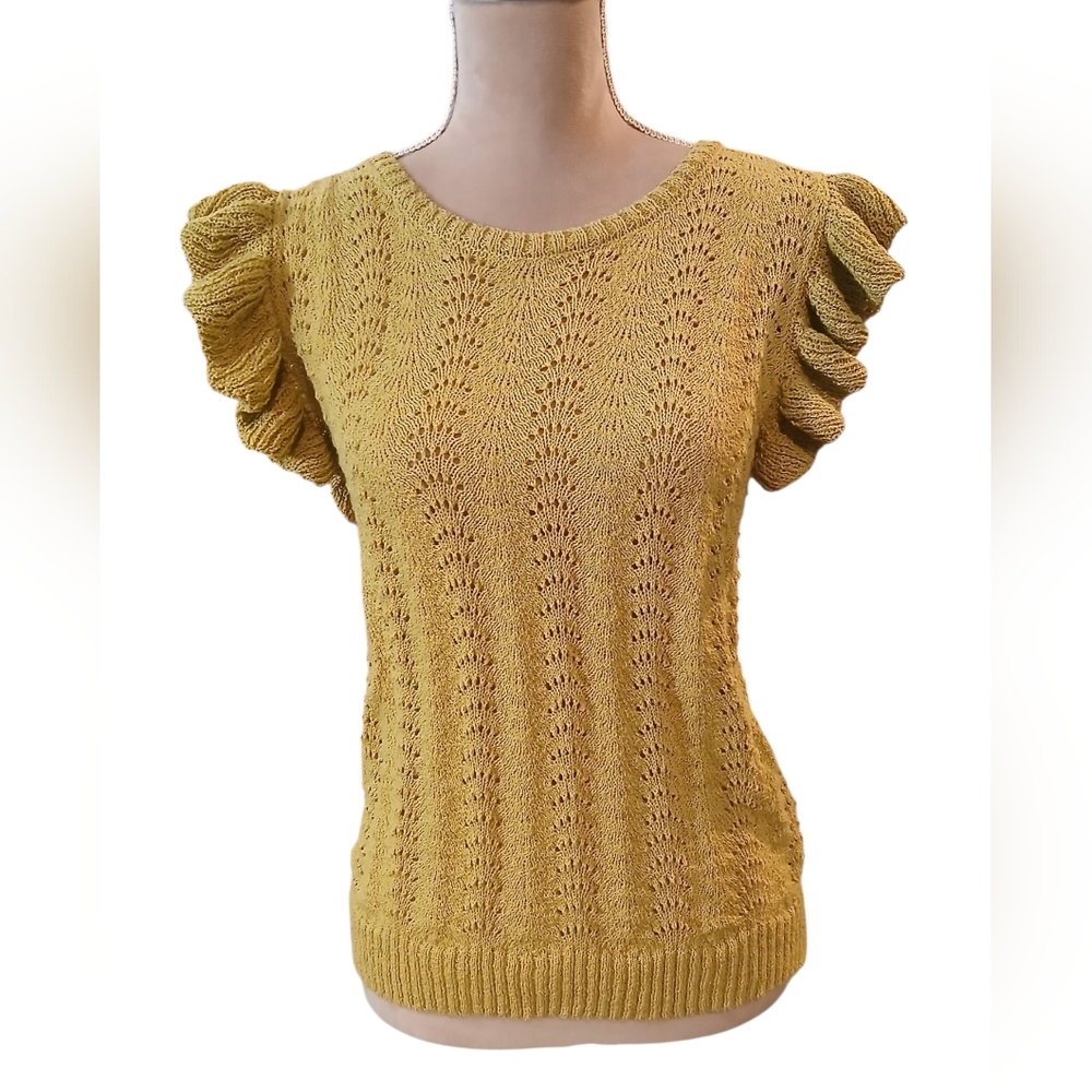 Light Yellow Green Fine Knit Lacey Ruffle Cut Out Womans Small Medium Tie